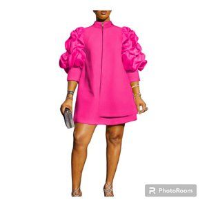 Rose Red Elegant Solid Patchwork Fold Zipper Cardigan Collar A Line Dresses